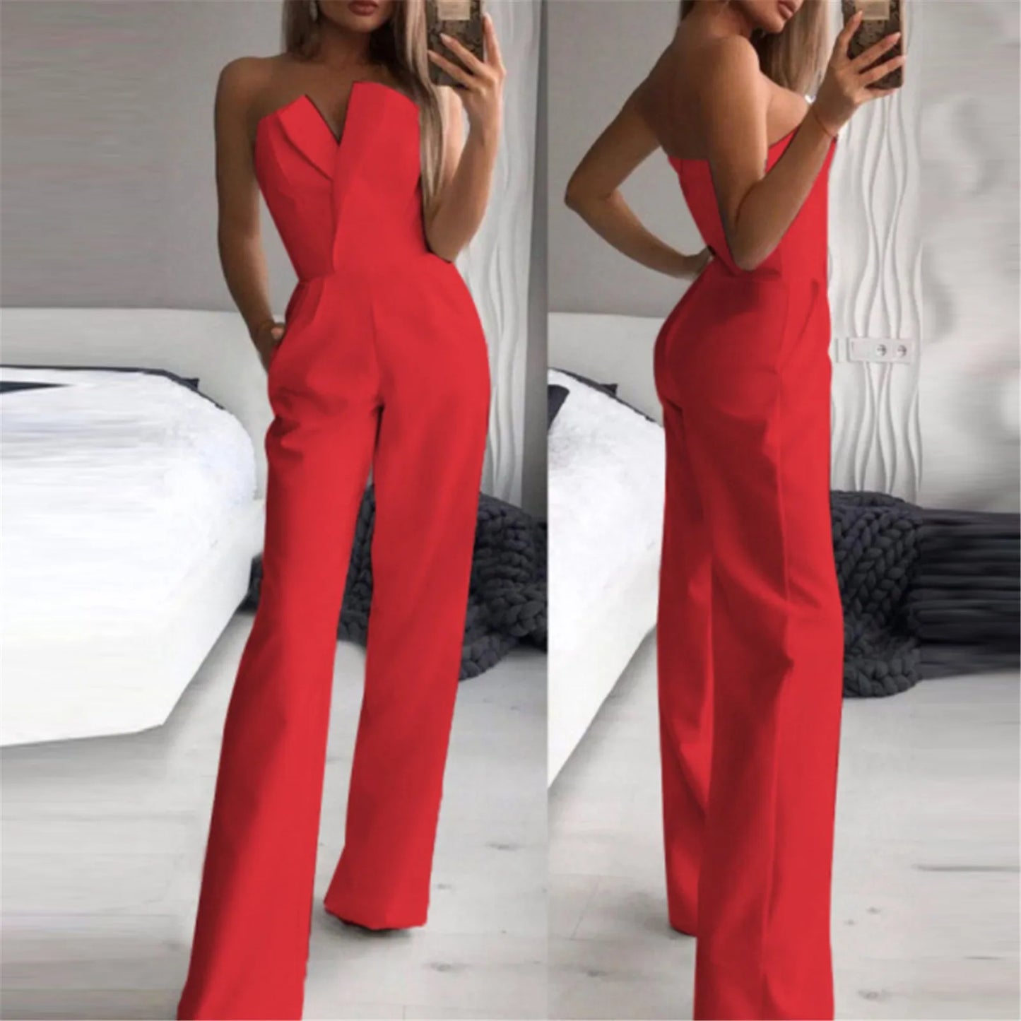 "Women's Elegant Boss Lady Wide Leg Jumpsuit Cold Shoulder, Pocket, Sleeveless"