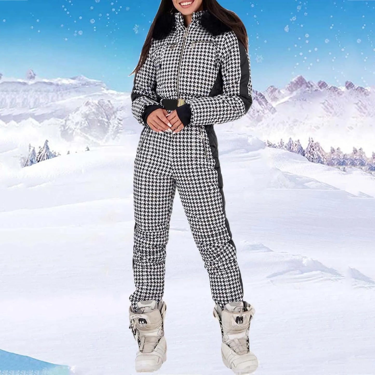 "Women's Waterproof Winter Ski Jumpsuit – Removable Faux Wool Collar"