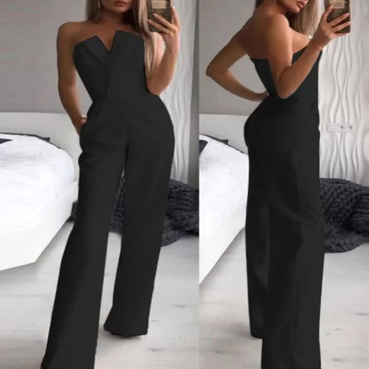 "Women's Elegant Boss Lady Wide Leg Jumpsuit Cold Shoulder, Pocket, Sleeveless"