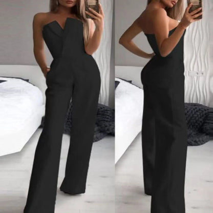 "Women's Elegant Boss Lady Wide Leg Jumpsuit Cold Shoulder, Pocket, Sleeveless"