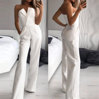 "Women's Elegant Boss Lady Wide Leg Jumpsuit Cold Shoulder, Pocket, Sleeveless"