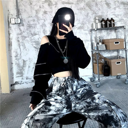 Autumn Black Hooded Women Clothing Vintage Street Sweatshirt Y2K Pullover Long Sleeves Warm Oversize Ladies Tops