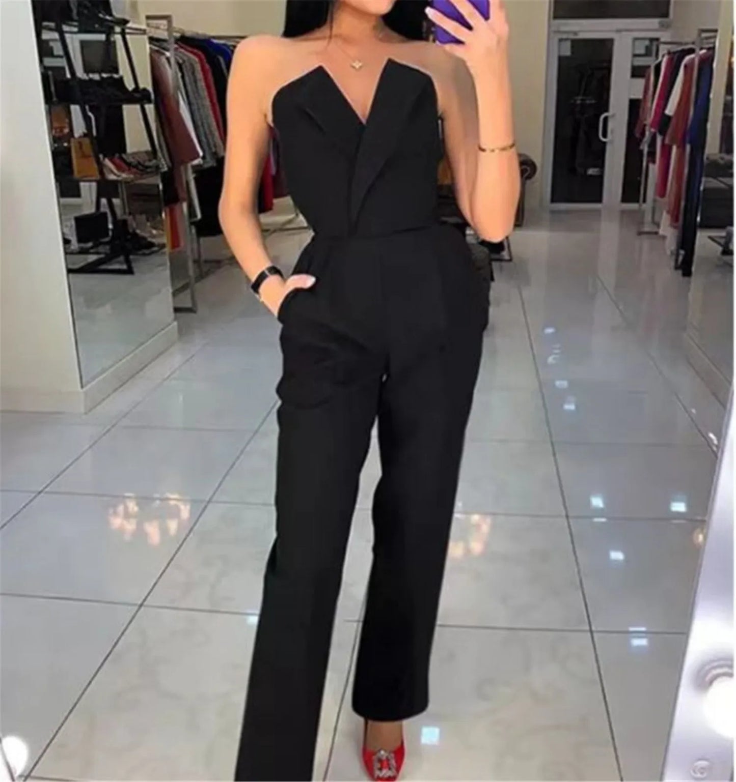 "Women's Elegant Boss Lady Wide Leg Jumpsuit Cold Shoulder, Pocket, Sleeveless"