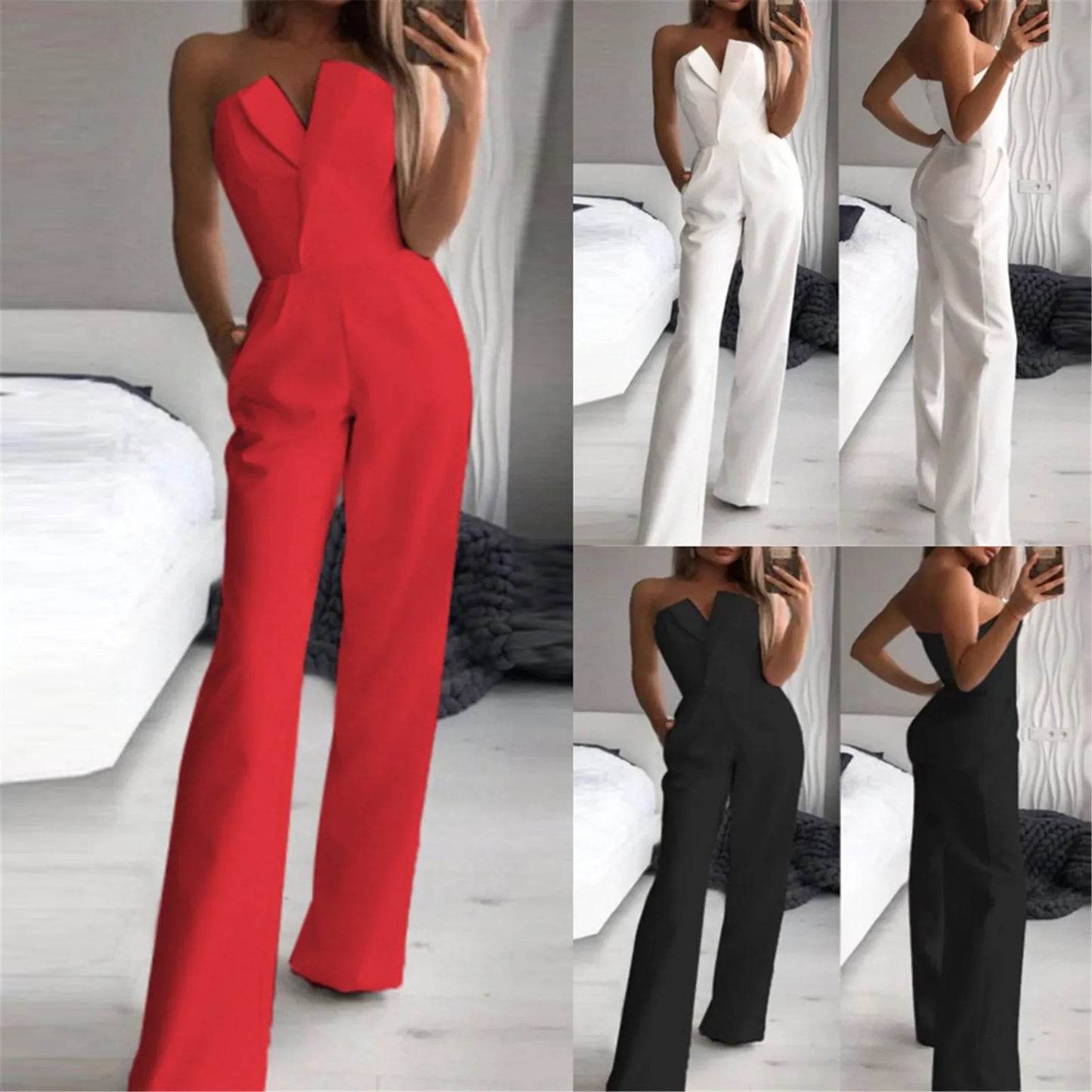 "Women's Elegant Boss Lady Wide Leg Jumpsuit Cold Shoulder, Pocket, Sleeveless"